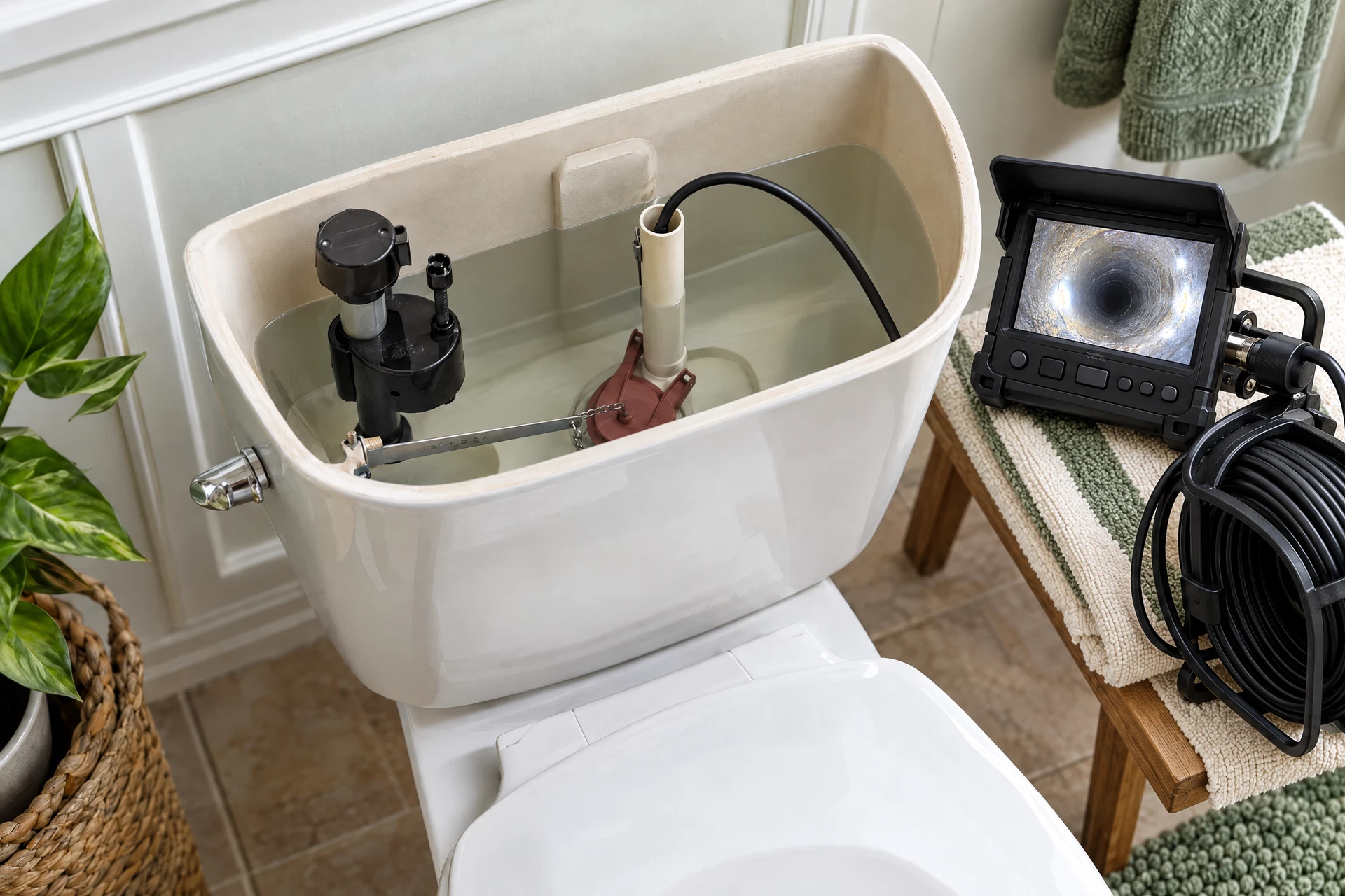 Photorealistic view of a residential sewer cleanout with a video inspection camera cable, monitor, and coiled diagnostic equipment beside the connected drain pipe.