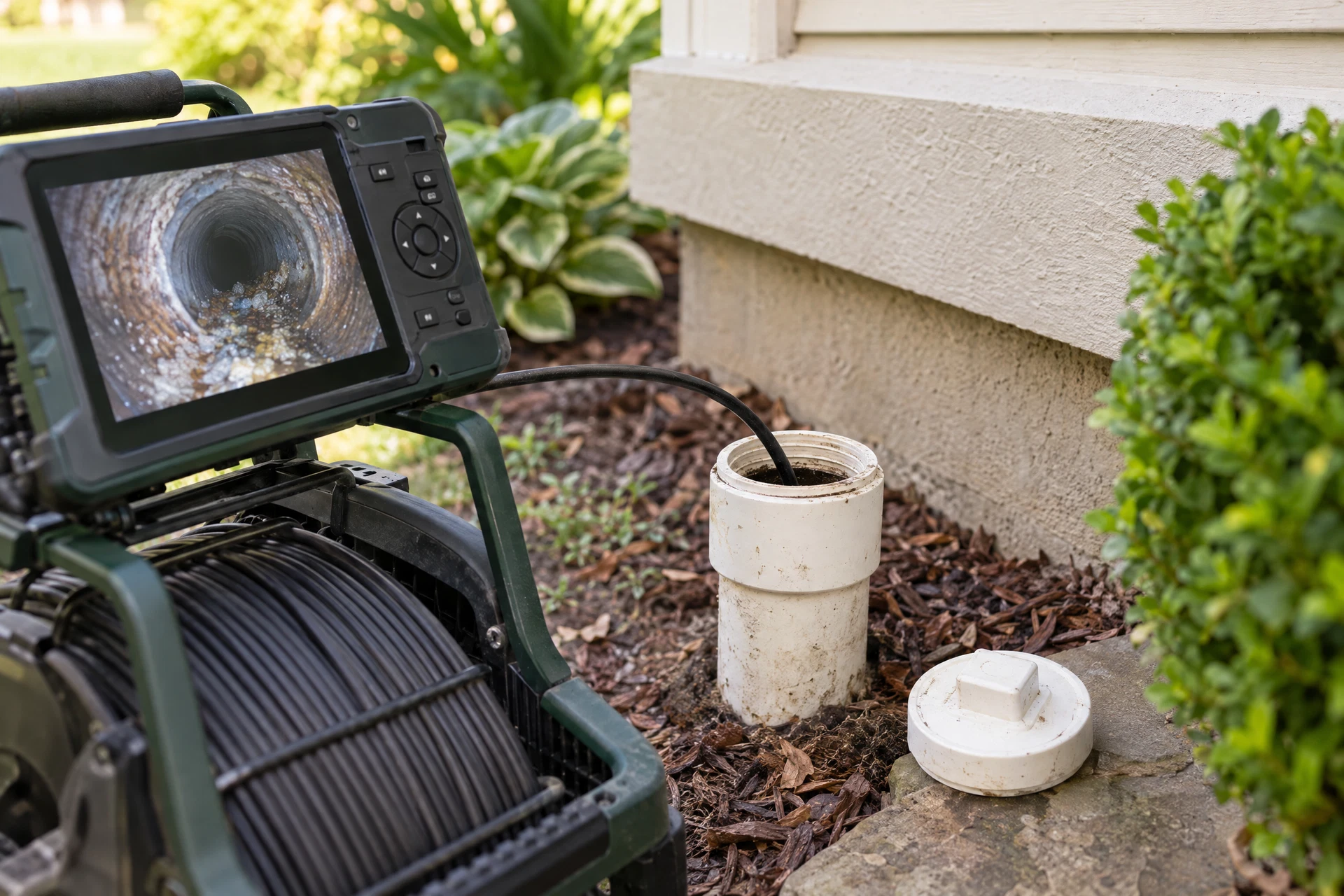 Photorealistic view of a residential sewer cleanout being evaluated with a drain camera and inspection monitor before repair.
