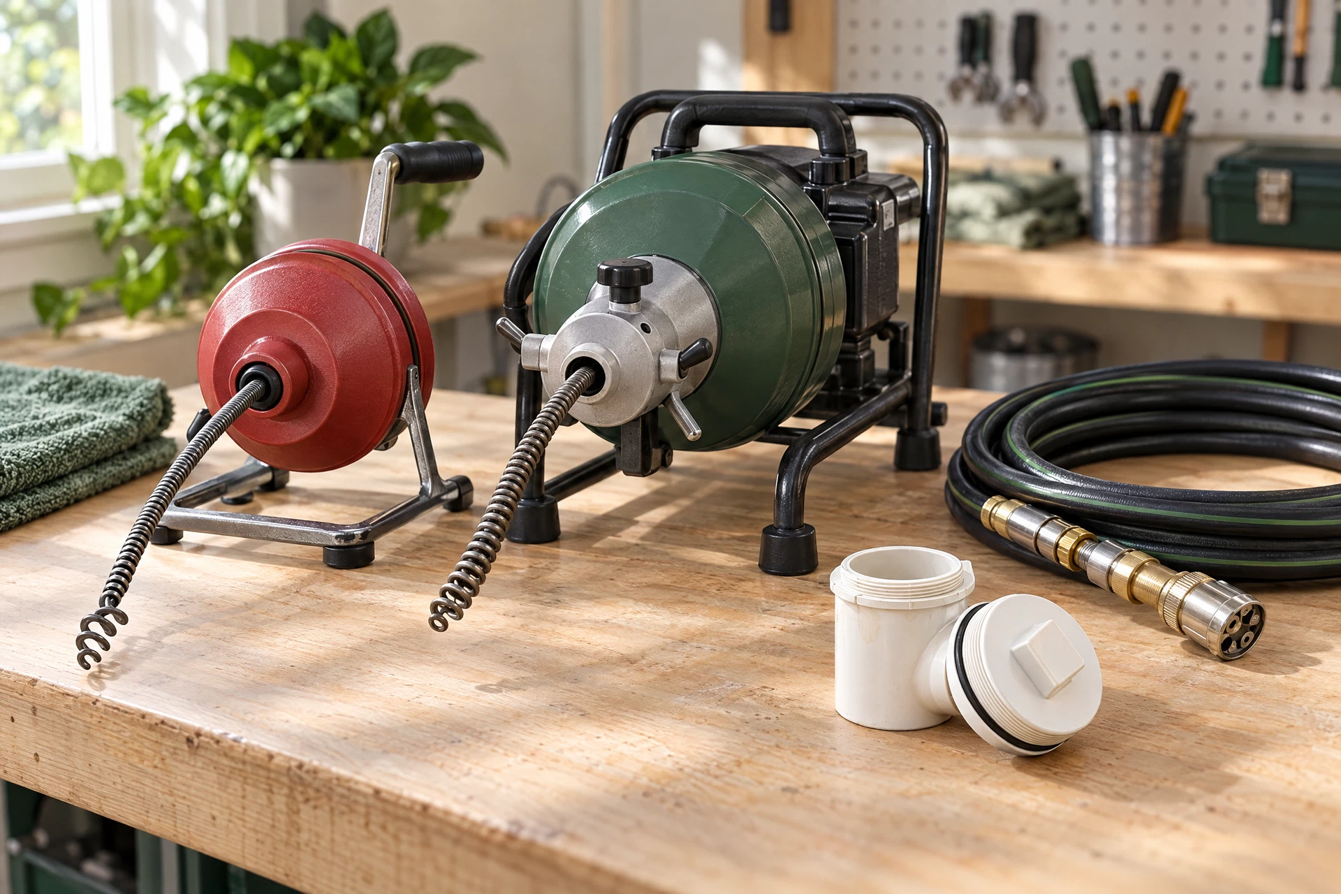 A hand drain snake, powered rooter, hydro-jetting hose, and detached drain-pipe cleanout arranged on a bright workshop workbench.