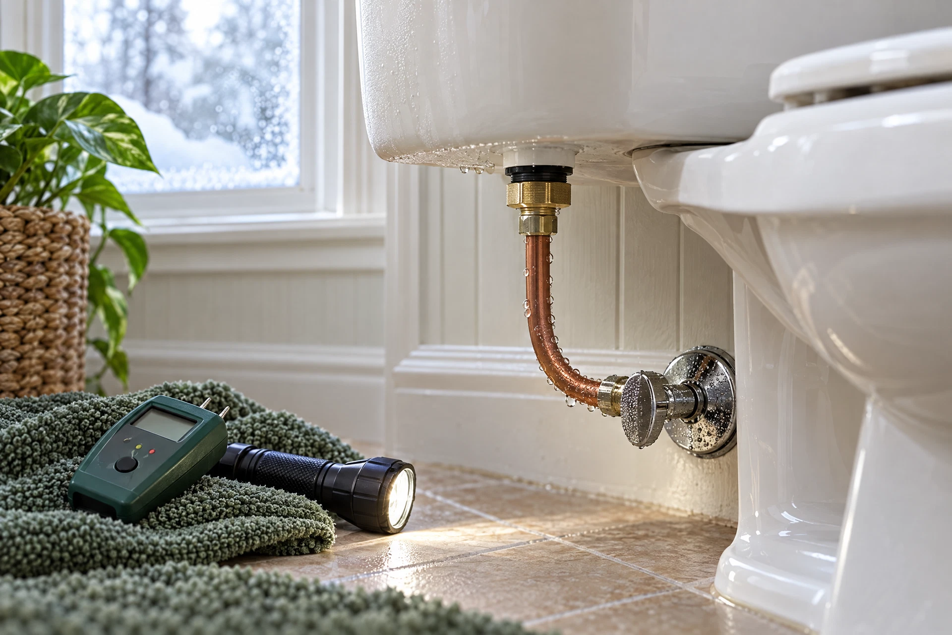 Photorealistic winter plumbing inspection scene showing a residential water heater, connected supply piping, shutoff valve, moisture meter, and subtle condensation near the fittings.