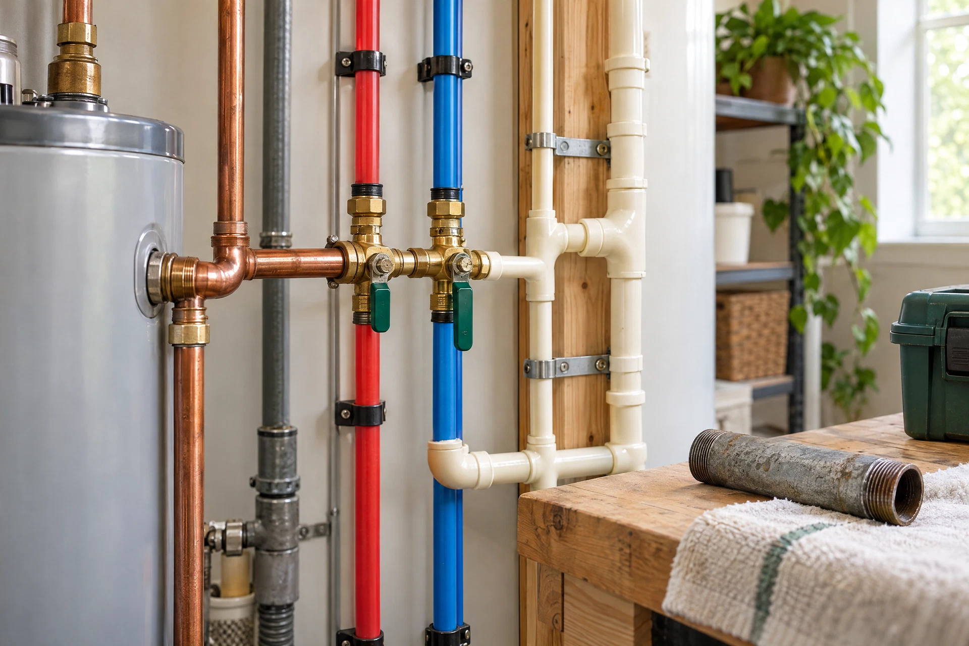 Accessible home plumbing inspection showing copper, PEX, CPVC, and a detached galvanized pipe sample for comparison.