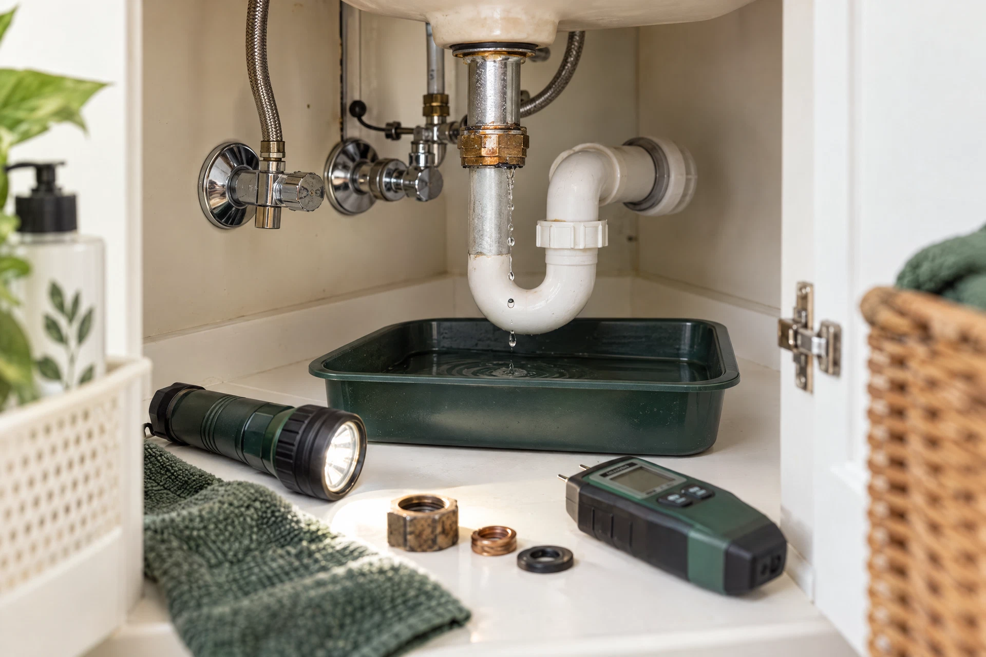 Photorealistic under-sink leak inspection with a moisture meter, controlled drip, and accessible plumbing fittings.