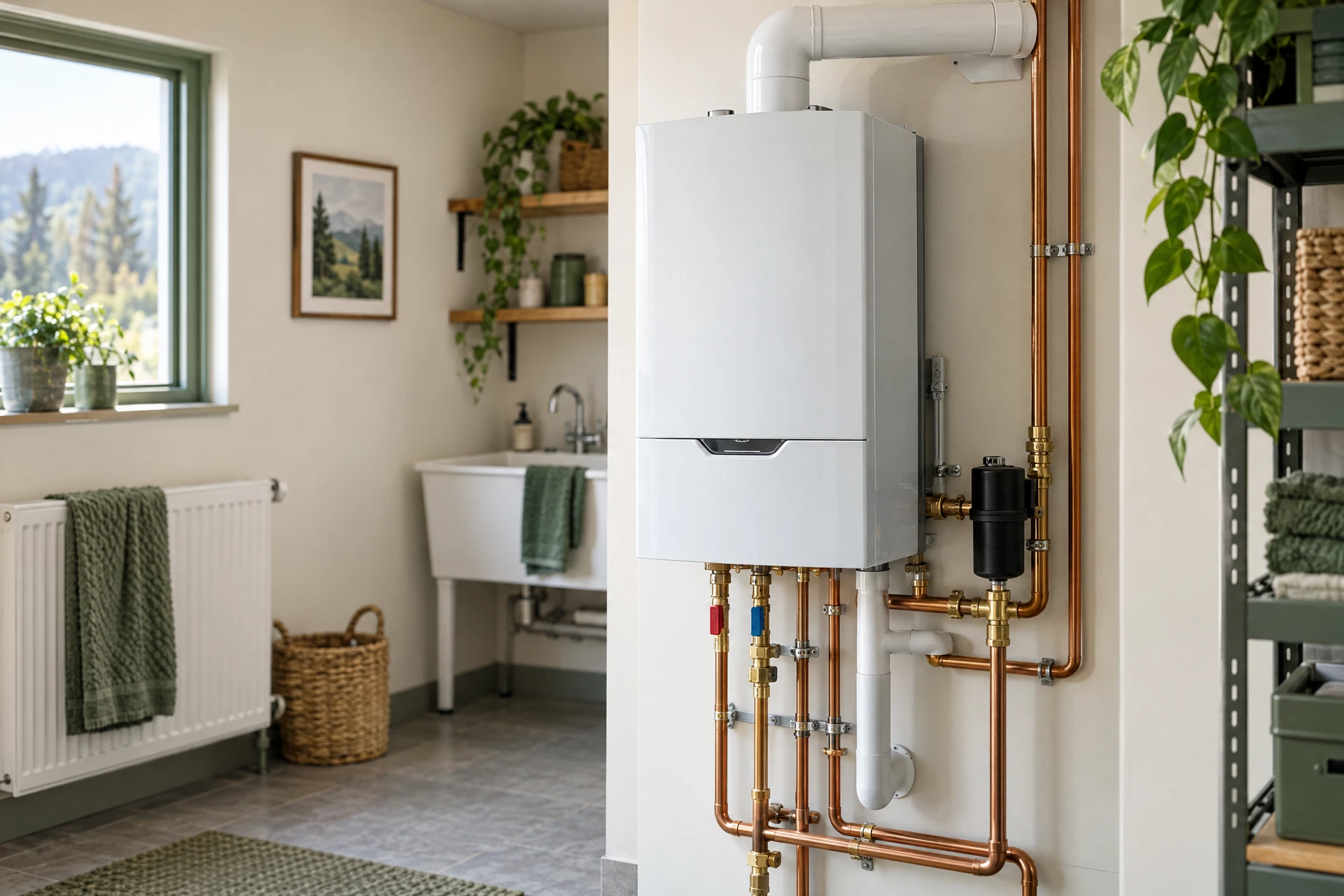 Photorealistic editorial view of a compact wall-mounted combi boiler with connected heating and domestic-water pipework in a tidy utility room.
