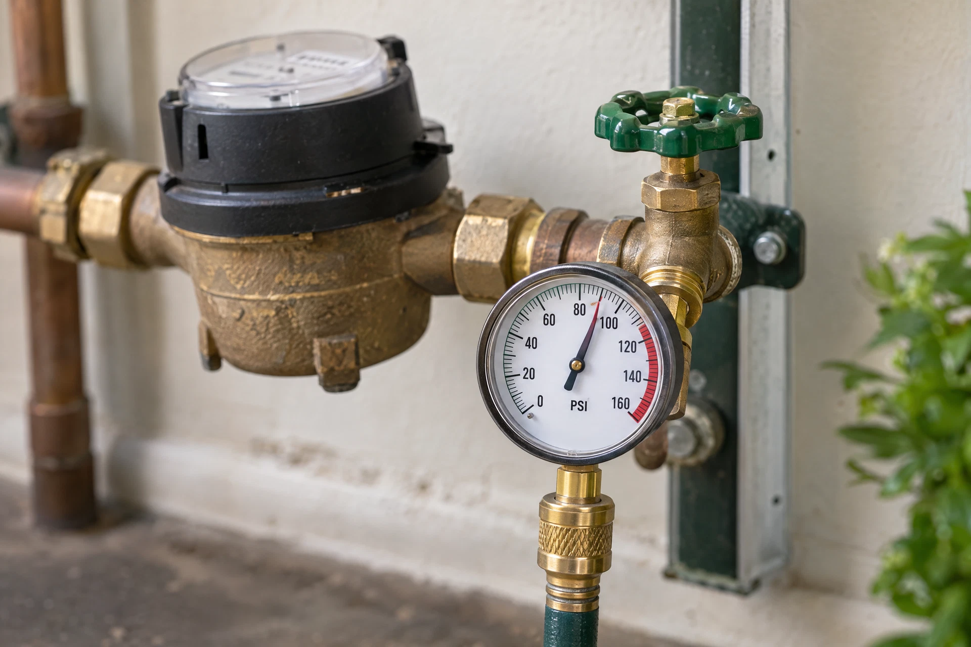 Close-up editorial photograph of an analog water-pressure gauge mounted on a household supply line near the main water meter, reading high in a softly lit utility room.