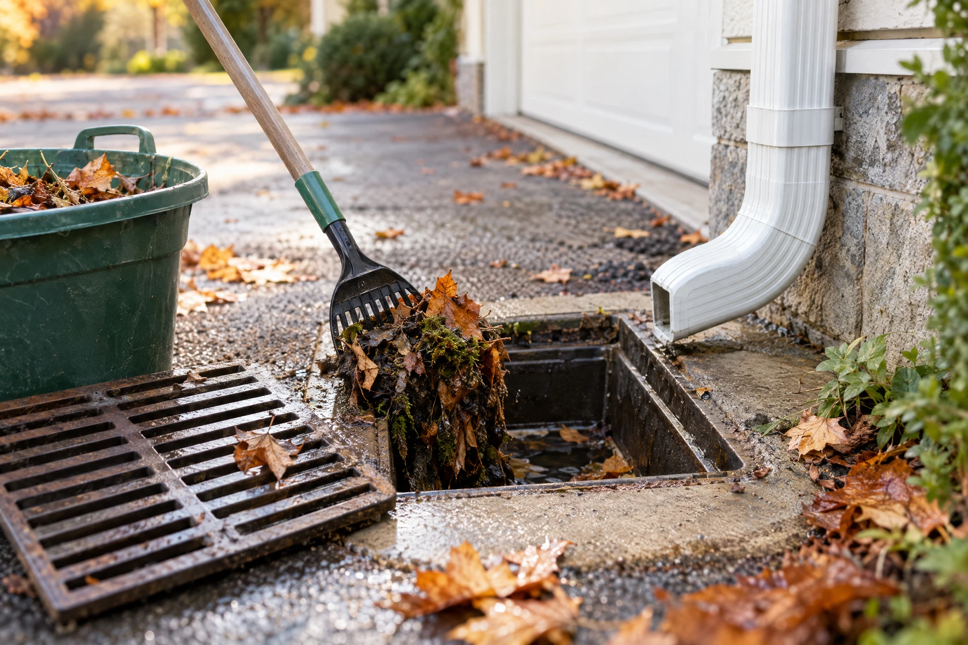 Photorealistic autumn inspection of a private driveway catch basin with leaves, moss, and silt being safely brushed from its closed grate beside a cream home.
