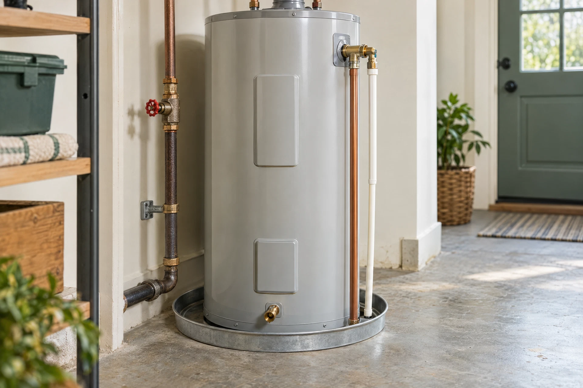 Residential water heater and connected safety piping being calmly inspected for leaks and warning signs in a bright utility room.
