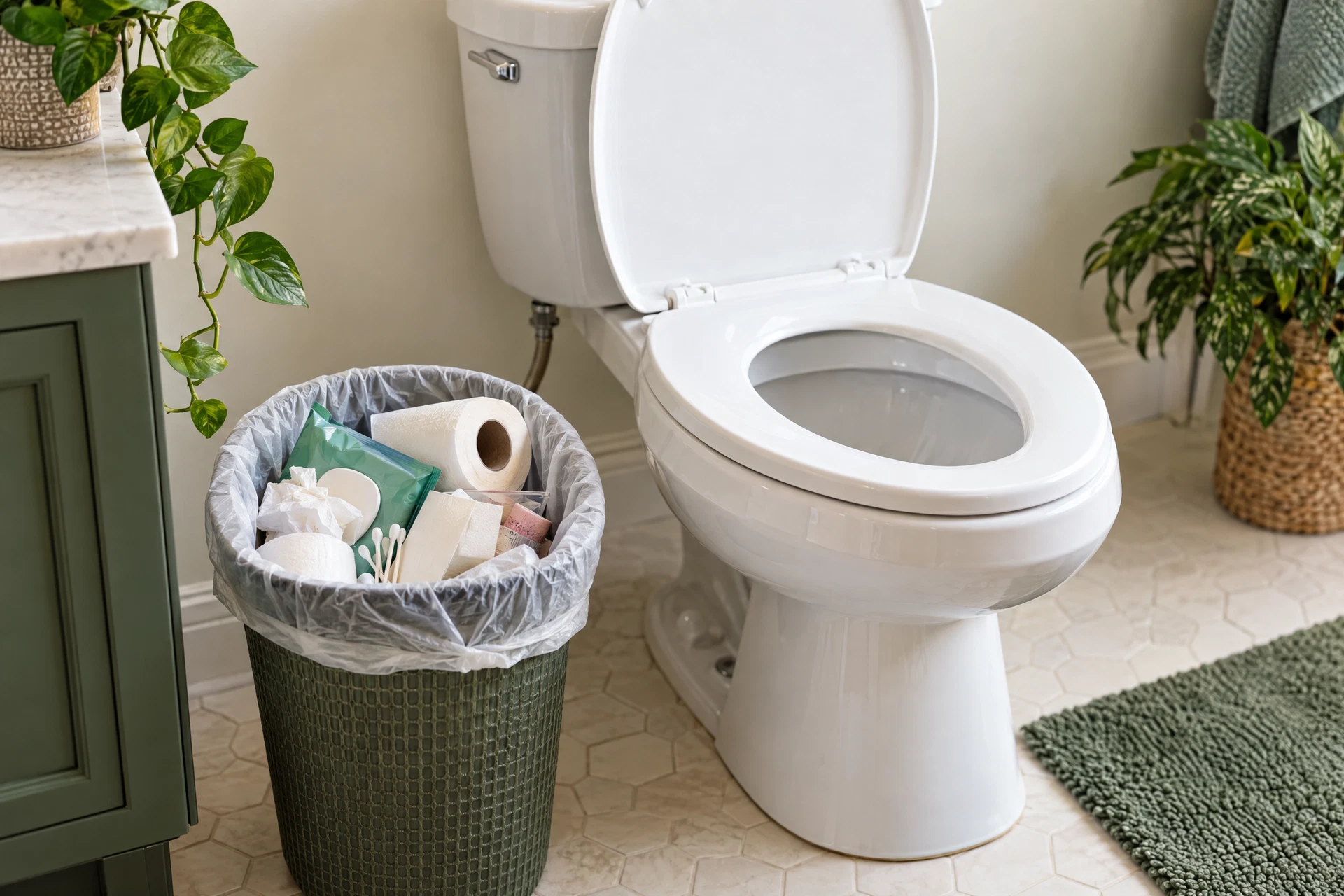 Photorealistic bathroom scene showing a toilet beside a lined wastebasket containing non-flushable items, illustrating habits that can cause sewer clogs.