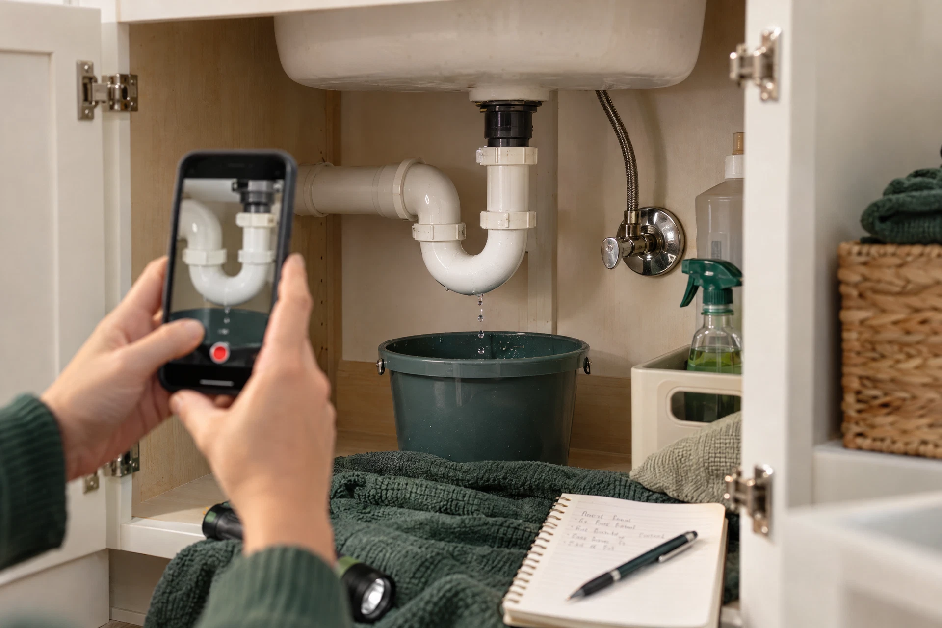 Open kitchen sink cabinet with connected plumbing, a smartphone recording an intermittent symptom, and homeowner notes prepared for a plumber.