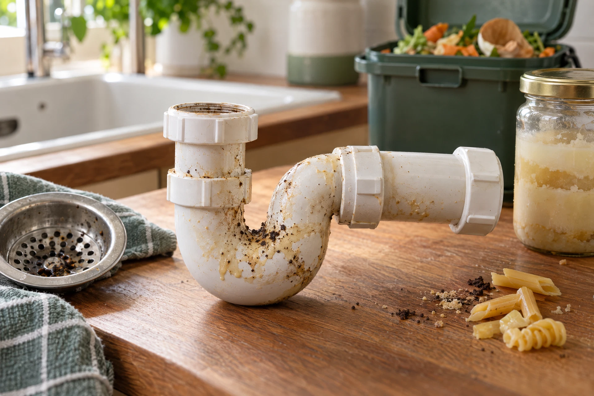 Detached sink trap with grease, coffee grounds, and starchy residue illustrating common drain-clogging mistakes beside a kitchen sink.