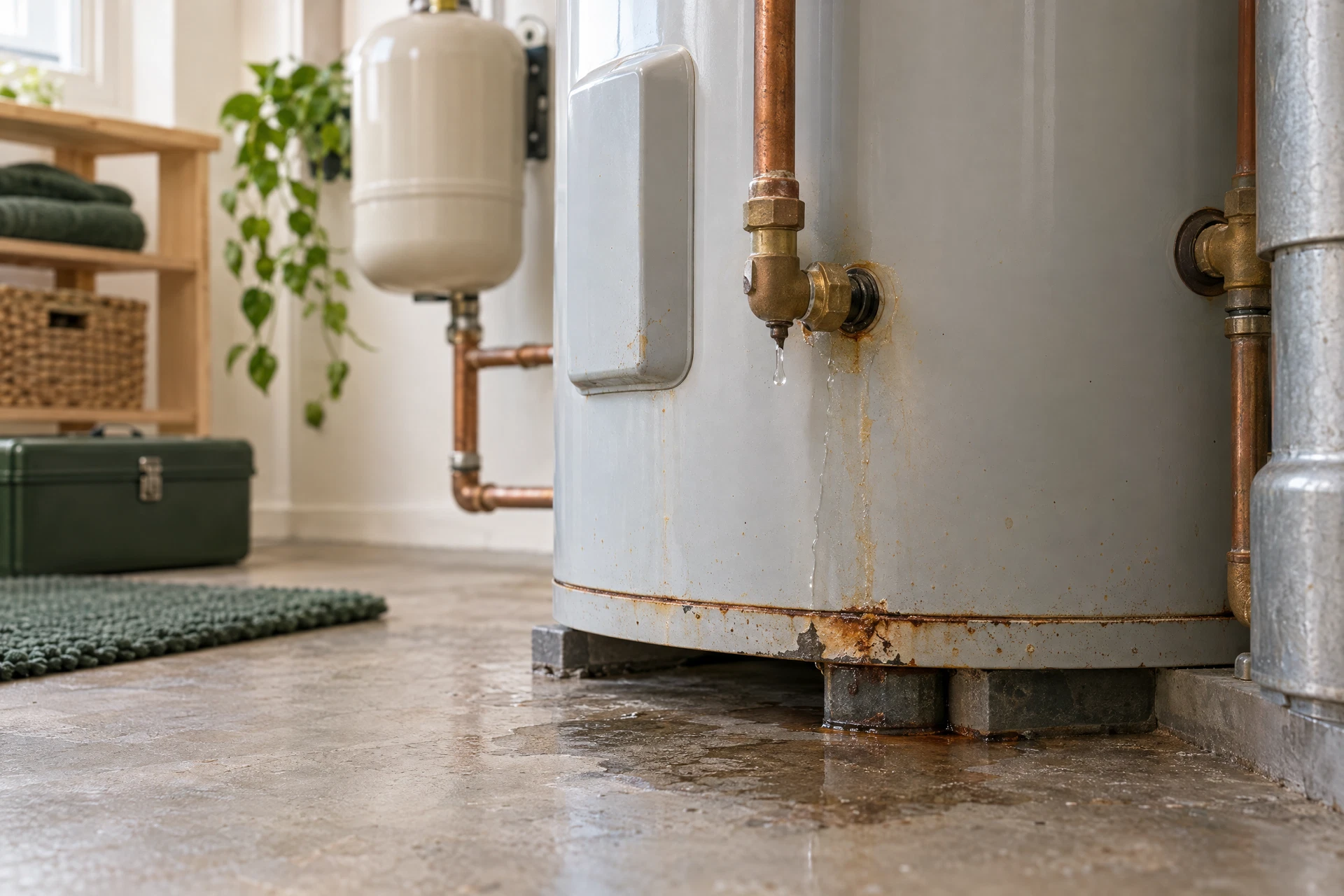 Photorealistic white tank water heater with a small fitting leak, mineral staining, and subtle rust in a clean utility room.