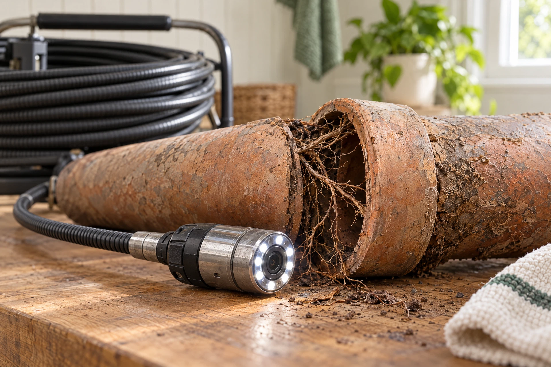 Detached clay sewer pipe joint showing fine tree roots entering the line beside a sewer camera inspection head.