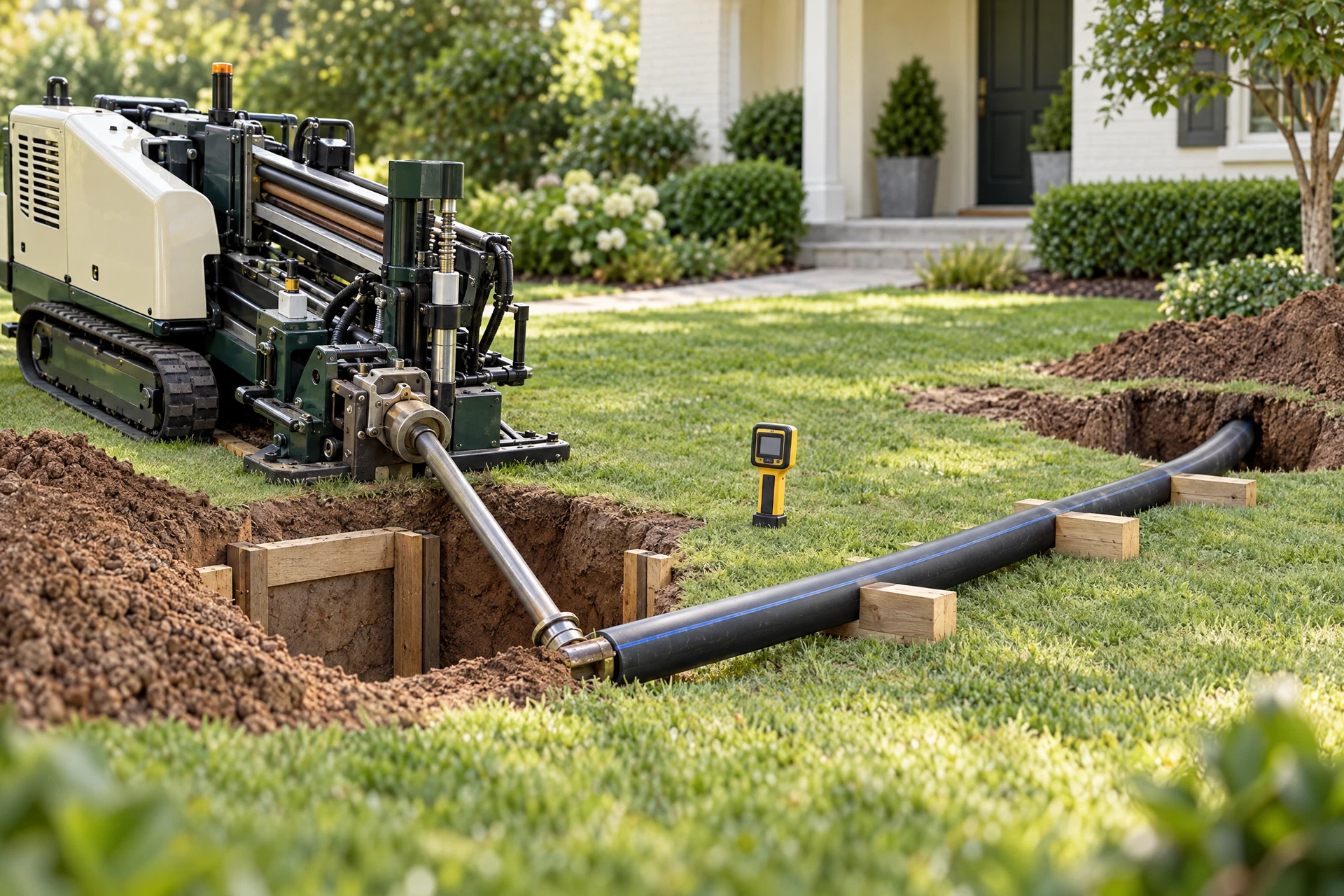 Compact directional drilling equipment beside small entry and exit pits in a residential yard, with replacement HDPE pipe and locator tools visible.