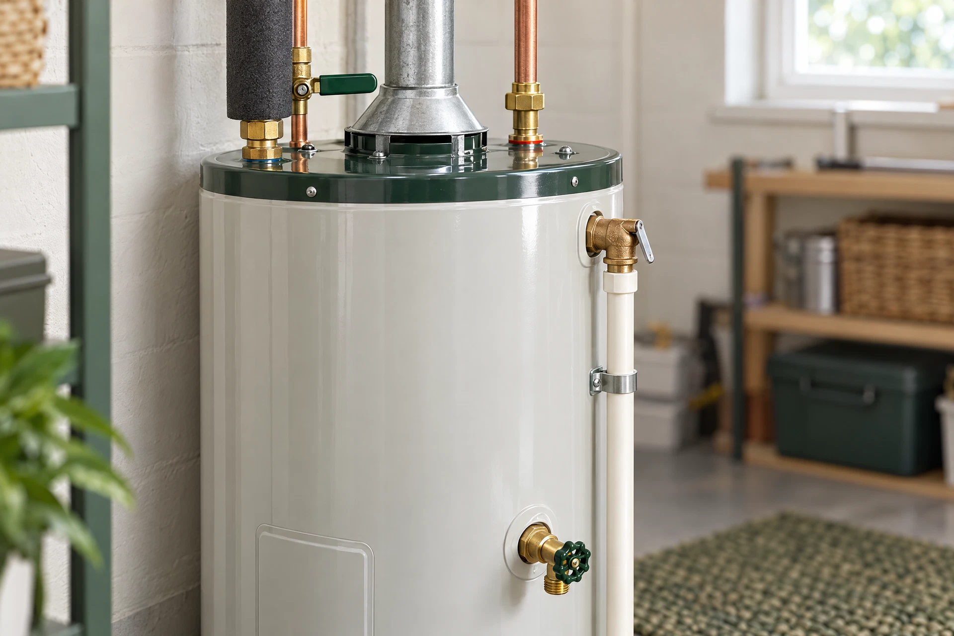 Photorealistic close editorial view of a residential storage water heater and its safely connected valves, relief pipe, copper lines, and neatly insulated hot-water pipe in a bright utility room.