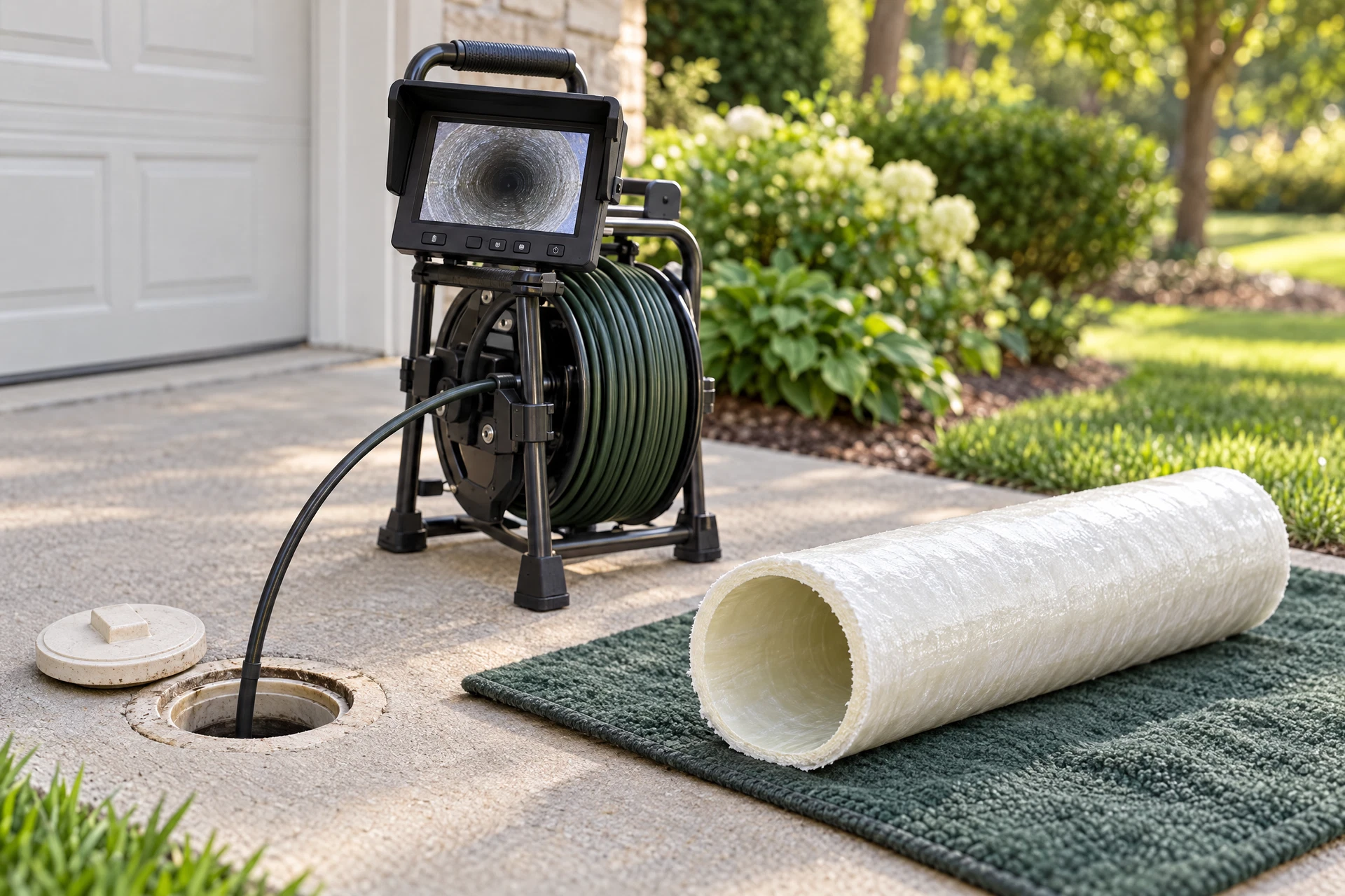 Photorealistic sewer camera inspection equipment beside a residential cleanout access point, illustrating trenchless sewer repair for homeowners.