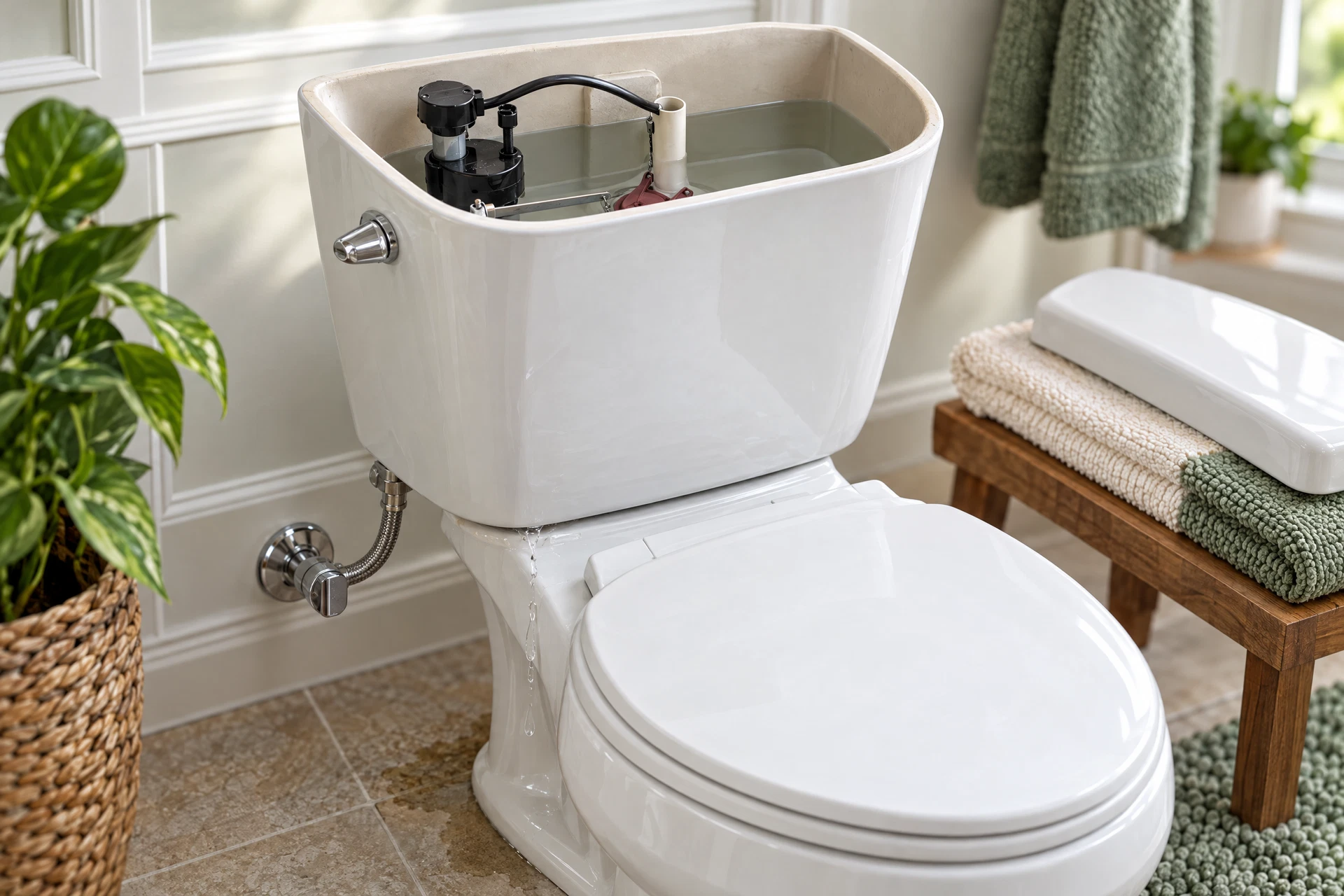 Photorealistic inspection view of a residential toilet with its tank open, a small leak at the tank connection, and damp flooring beneath the base.