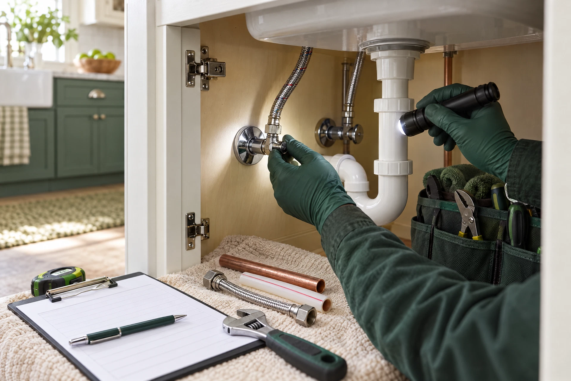 Photorealistic editorial view of an expert plumber carefully inspecting connected under-sink plumbing with professional tools and sample pipe materials arranged for a pre-service assessment.