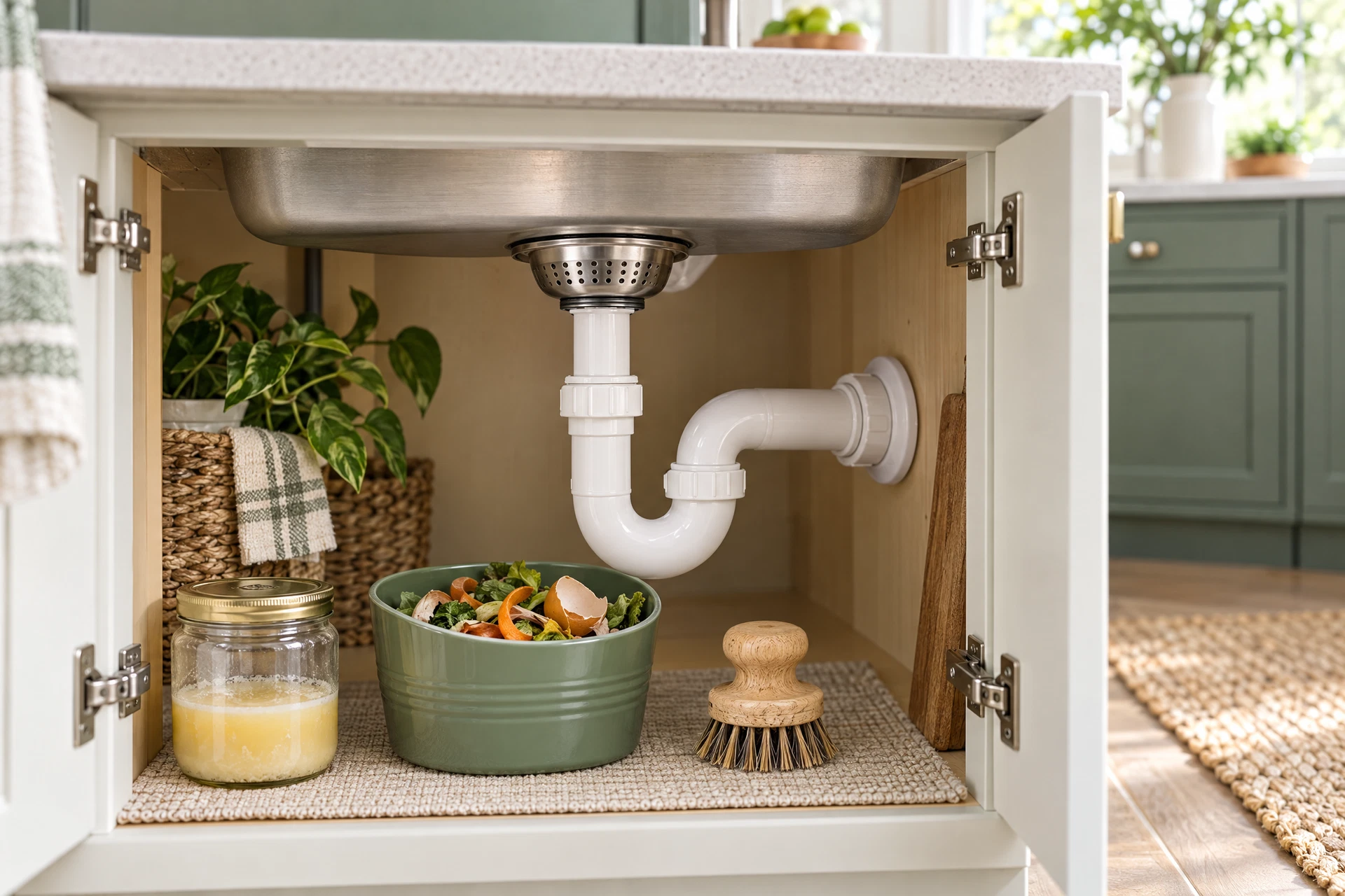 Photorealistic kitchen sink maintenance scene with a clean drain strainer, accessible PVC P-trap, and cooled cooking grease kept out of the drain.