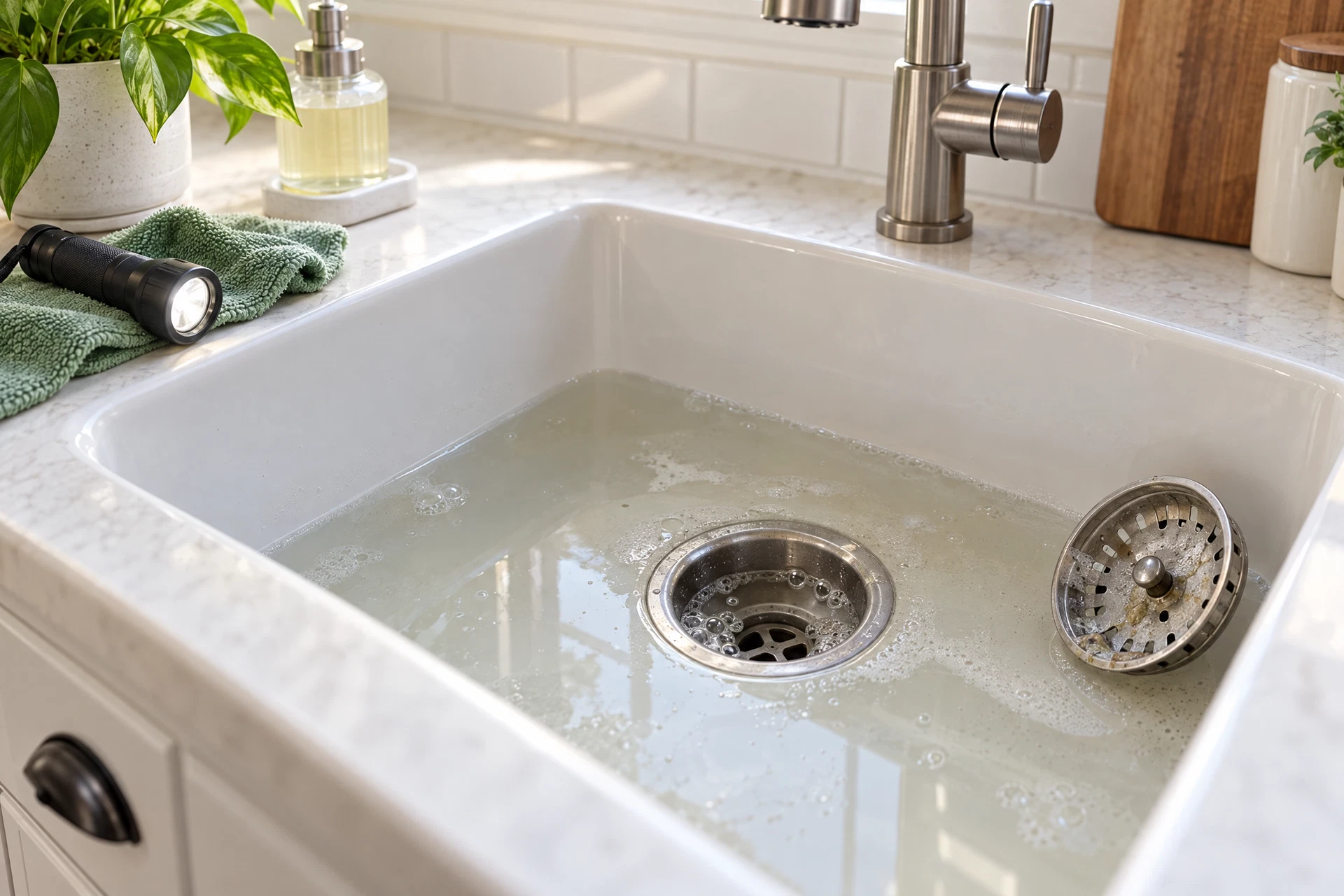 Photorealistic kitchen sink with lingering water, subtle drain bubbles, and early buildup visible in the strainer.