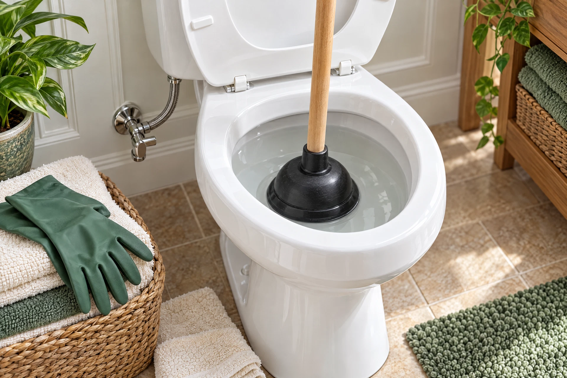 Photorealistic bathroom scene showing a flange plunger on a clogged toilet and the nearby shutoff valve closed for safe troubleshooting.
