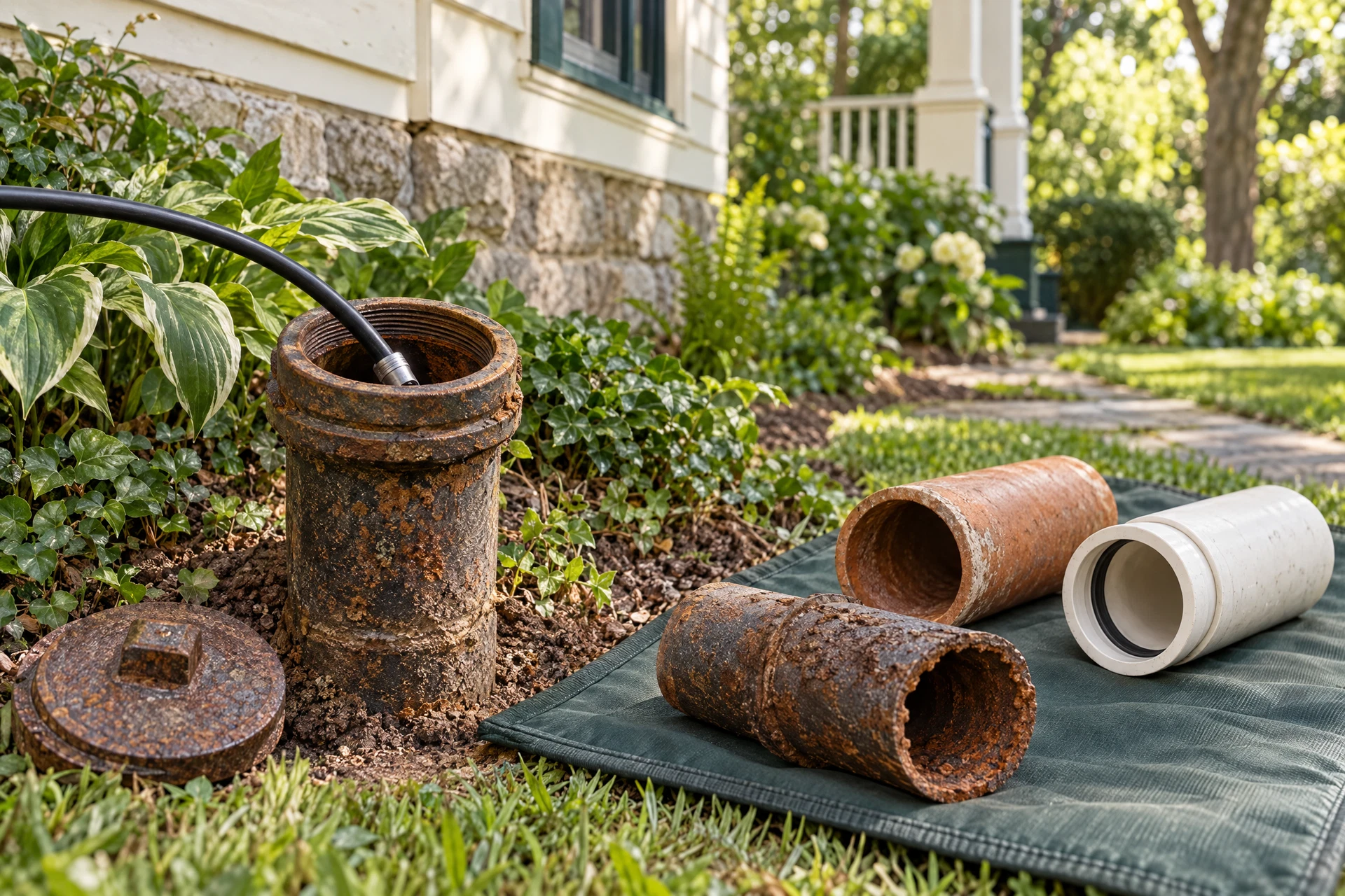 Close-up of an older home's open cast-iron sewer cleanout with a camera inspection cable, detached mixed-era pipe samples, and subtle lush ground in the background.