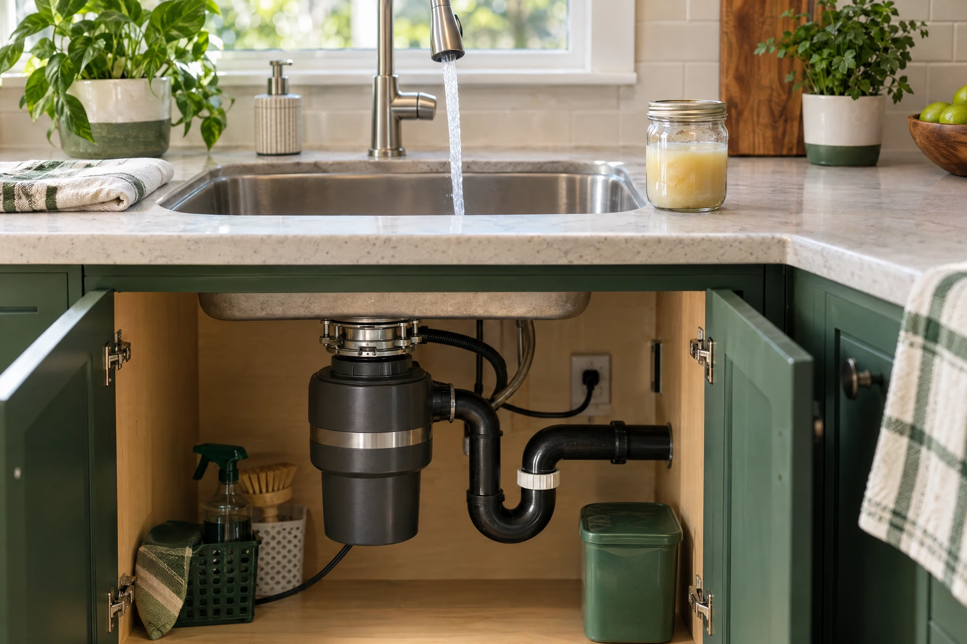 Photorealistic kitchen sink maintenance scene with a garbage disposal, running cold water, and a jar of cooled grease beside the drain.