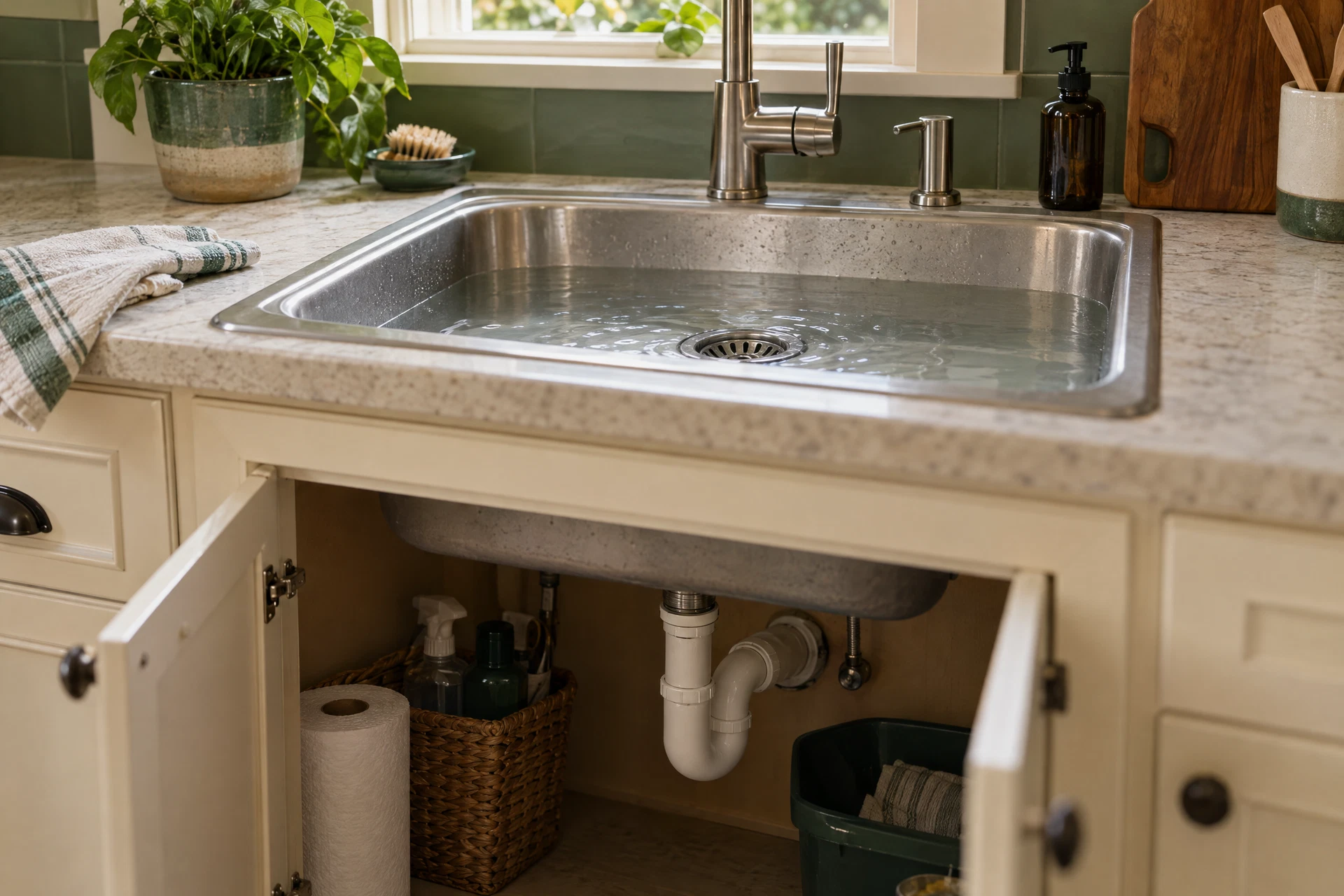 Photorealistic kitchen sink with shallow standing water draining slowly and an accessible connected PVC P-trap visible beneath the cabinet, illustrating a warning sign that it is time to call a plumber.