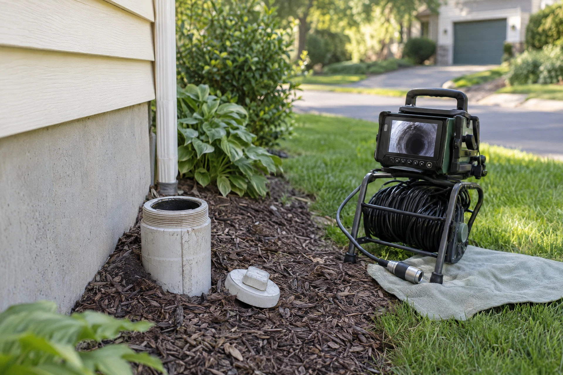 Photorealistic view of a residential sewer cleanout and inspection camera beside a home’s lawn, illustrating how a private side sewer can be accessed and assessed.