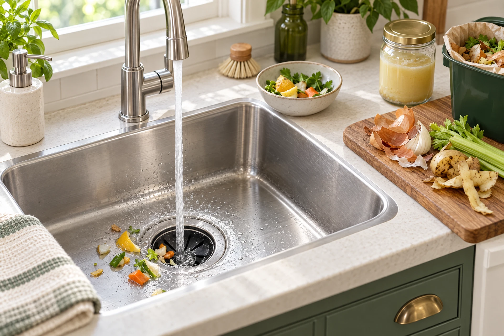 Photorealistic kitchen sink with a garbage disposal running cold water over a small amount of food residue, while grease and fibrous scraps sit separately for proper disposal.