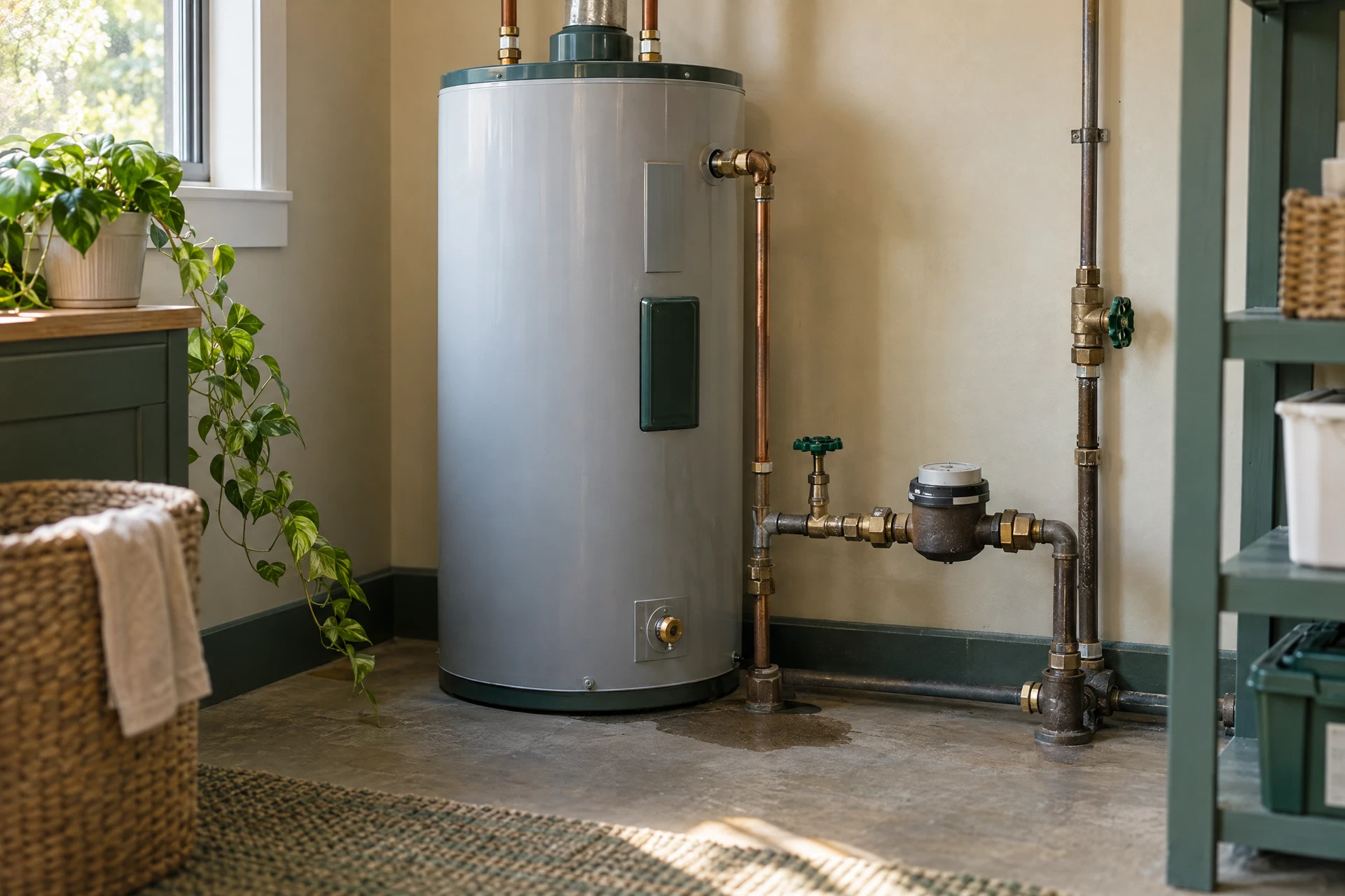 Photorealistic utility-room view of a tank water heater with connected shutoff piping, a nearby water meter, and a subtle moisture clue for investigating leaks and weak hot water.