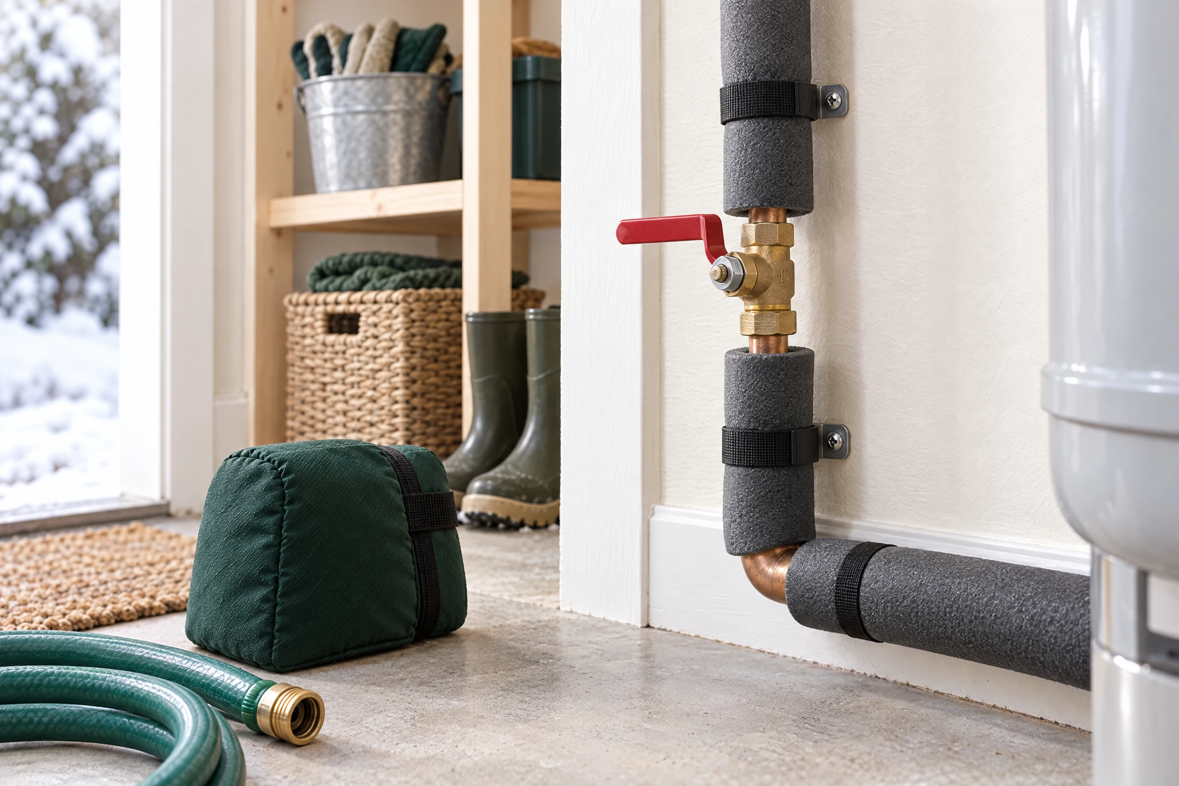 Photorealistic winter plumbing preparation scene showing insulated exposed water pipe, main shutoff valve, and detached outdoor hose in a tidy home utility area.