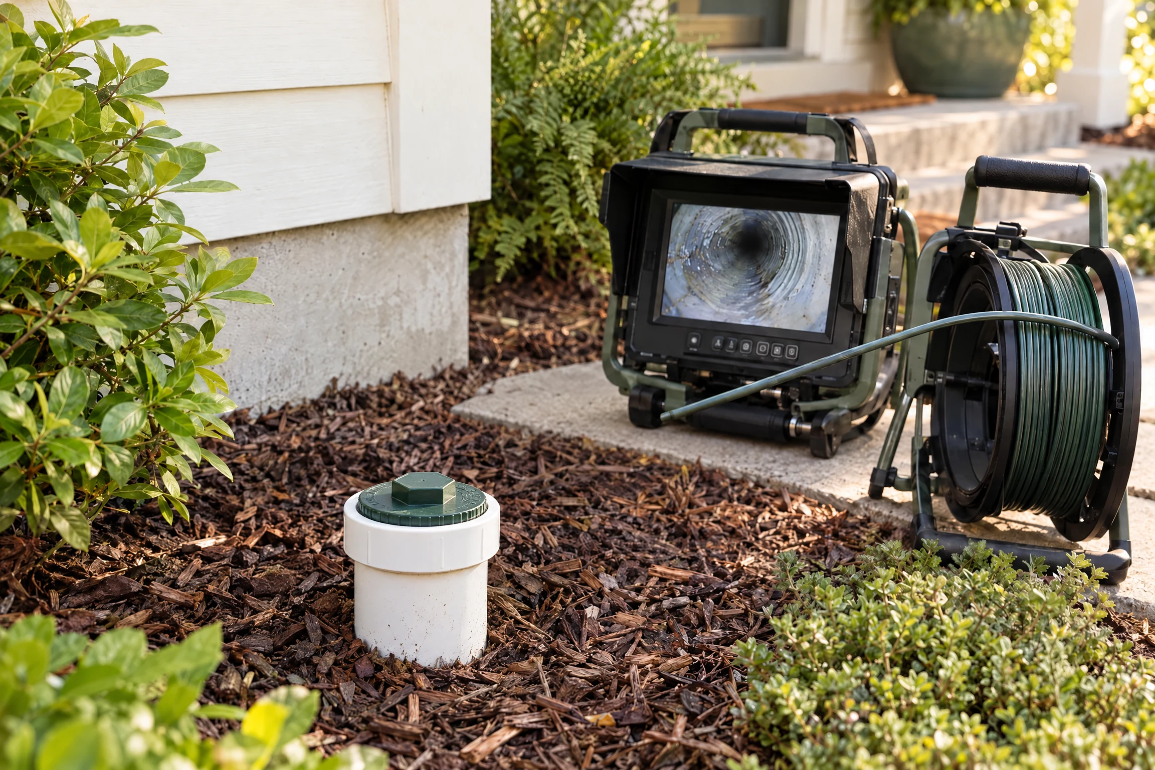 Residential sewer cleanout access point and inspection camera equipment beside a home foundation.