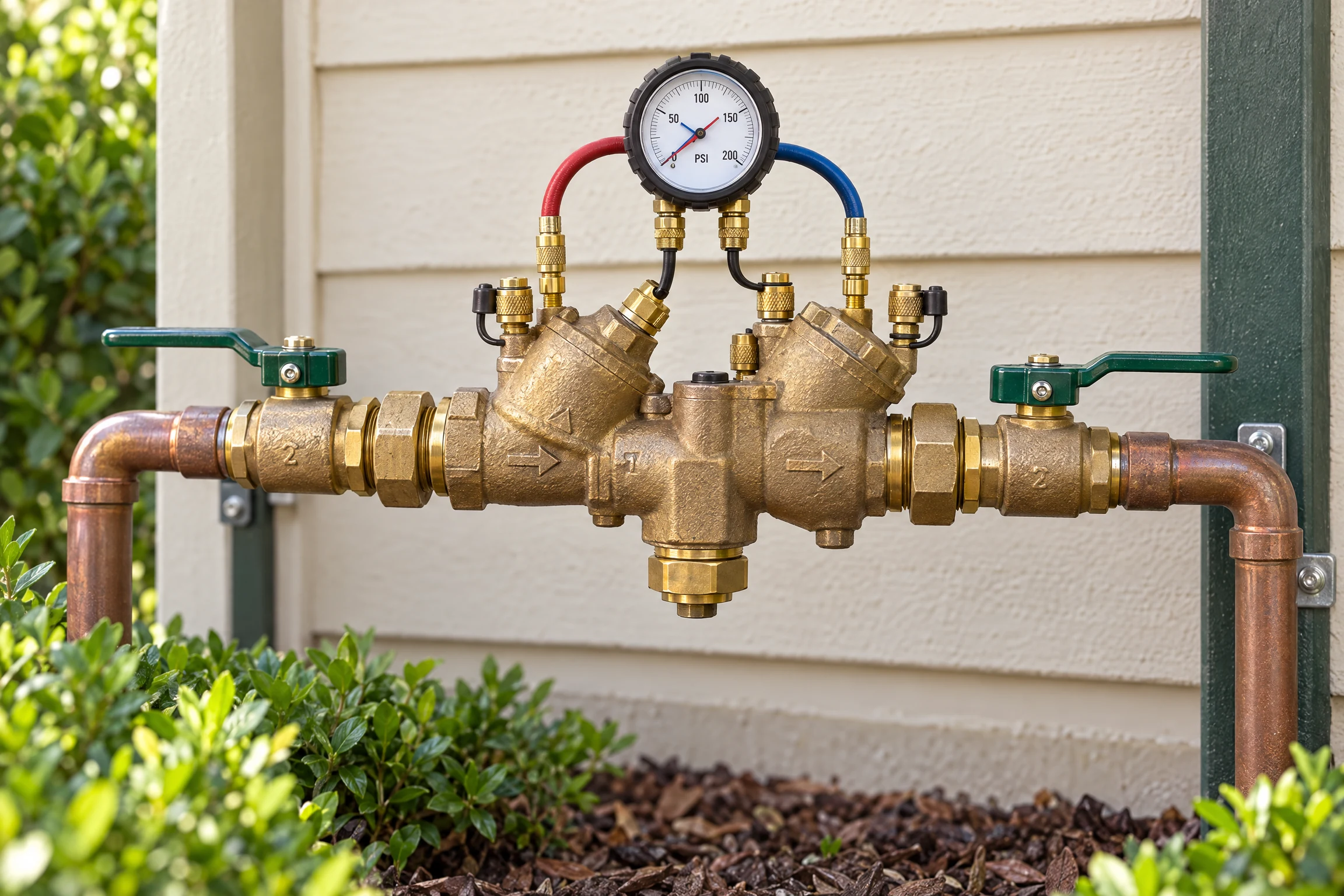 Photorealistic close-up of a brass backflow prevention assembly and test gauge connected to a residential irrigation line in a landscaped outdoor utility area.